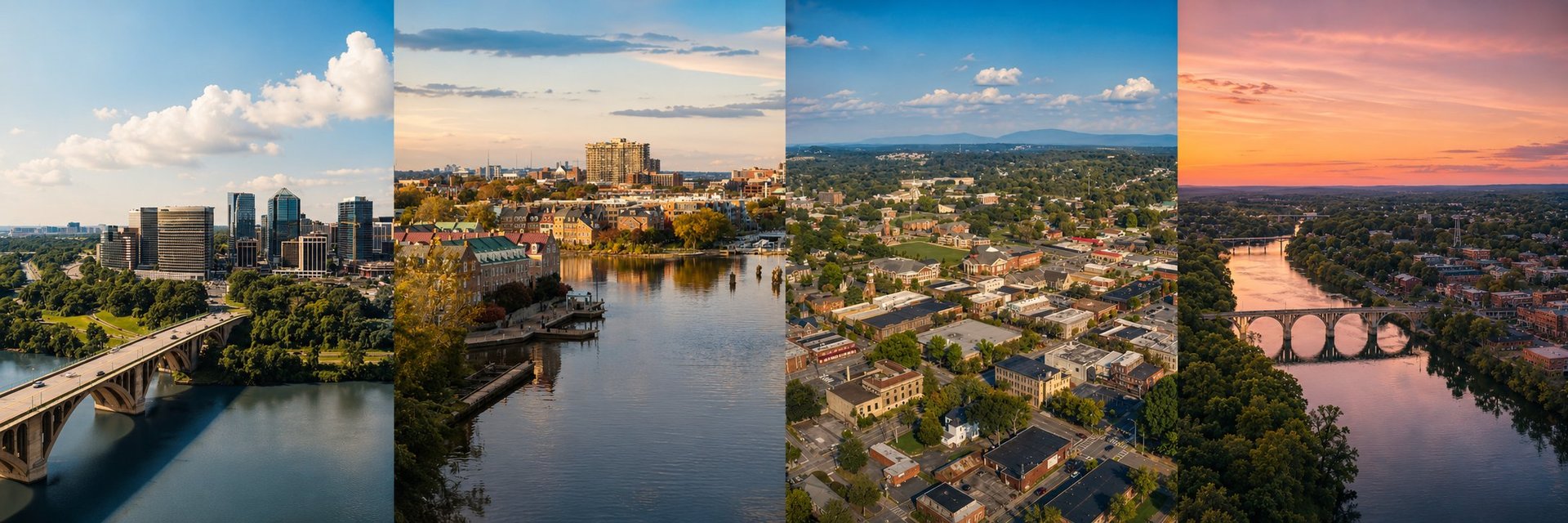 Aerial panorama of cityscape and rivers across different times of day, showing urban development and waterways