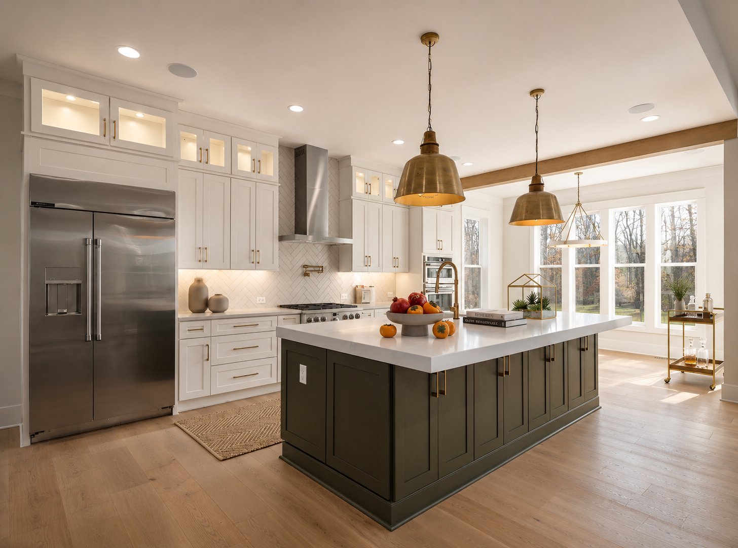 Modern kitchen with white cabinetry, dark island, stainless steel appliances, brass pendant lights, and hardwood flooring